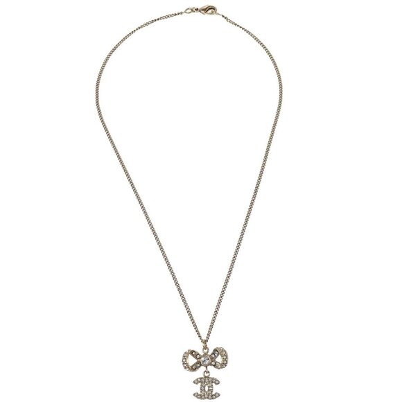 Chanel Gold Chain Pendant Necklace Rhinestone Bow CC - Picture 2 of 6
